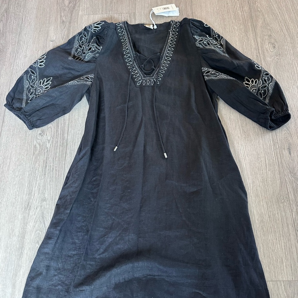 Magaschoni Black Midi Dress with White Embroidered Sleeves - NWT